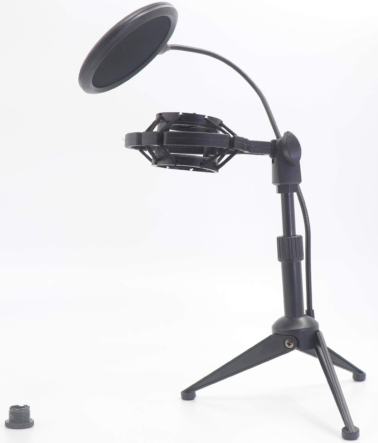 Desktop Microphone Tripod Suspension Stand with Shock Mount Anti-Vibration Mic Holder and 4'' Round Mask Shield Double-Net Wind